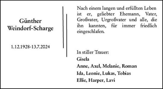 Traueranzeige von Günther Weindorf-Scharge von Darmstädter Echo