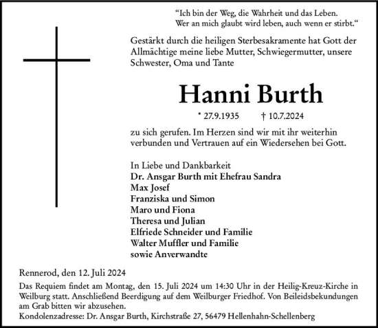 Traueranzeige von Hanni Burth von Weilburger Tageblatt