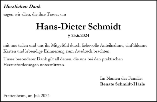 Traueranzeige von Hans-Dieter Schmidt von Allgemeine Zeitung Alzey