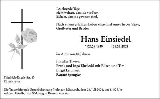 Traueranzeige von Hans Einsiedel von Rüsselsheimer Echo