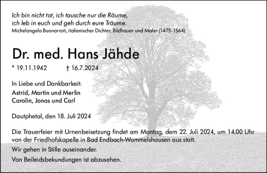 Traueranzeige von Hans Jähde von Hinterländer Anzeiger