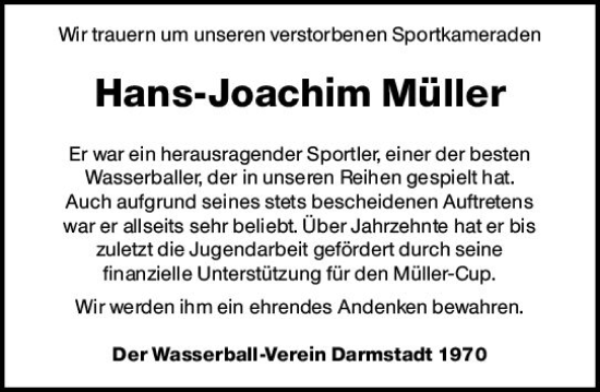 Traueranzeige von Hans-Joachim Müller von Darmstädter Echo