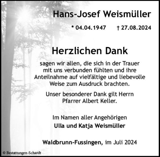 Traueranzeige von Hans-Josef Weismüller von Nassauische Neue Presse