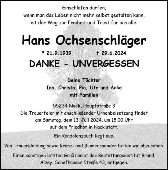 Traueranzeige von Hans Ochsenschläger von Allgemeine Zeitung Alzey
