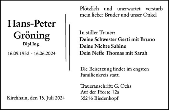 Traueranzeige von Hans-Peter Gröning von Hinterländer Anzeiger