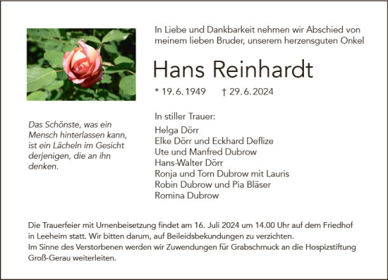 Traueranzeige von Hans Reinhardt von Groß-Gerauer Echo