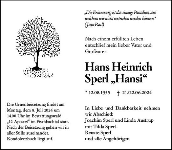 Traueranzeige von Hans Sperl von Darmstädter Echo