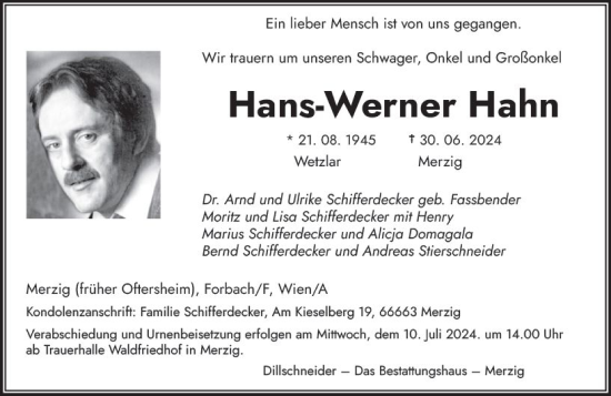 Traueranzeige von Hans-Werner Hahn von Wetzlarer Neue Zeitung