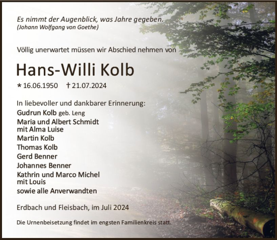Traueranzeige von Hans-Willi Kolb von Dill Block