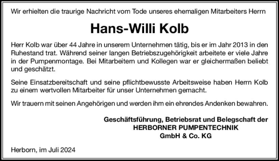 Traueranzeige von Hans-Willi Kolb von Dill Block