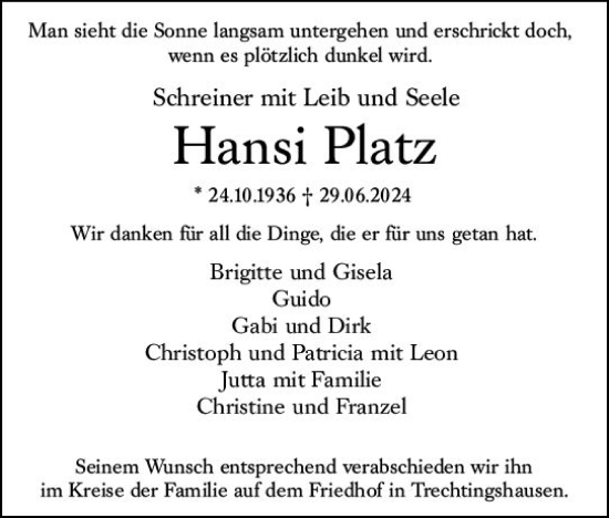 Traueranzeige von Hansi Platz von Allgemeine Zeitung Rheinhessen-Nahe