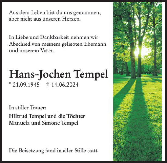 Traueranzeige von Hans Jochen Tempel von Darmstädter Echo