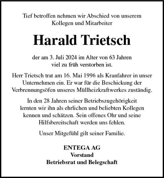 Traueranzeige von Harald Trietsch von Odenwälder Echo