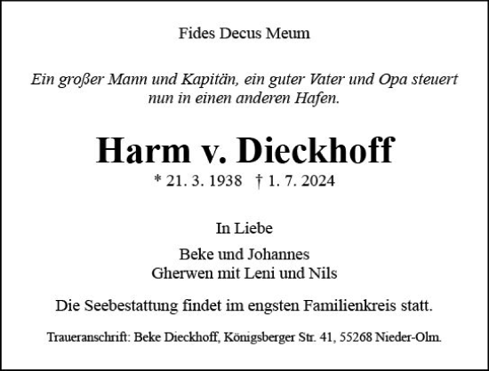 Traueranzeige von Harm v Dieckhoff von Allgemeine Zeitung Mainz
