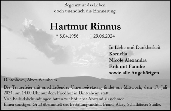 Traueranzeige von Hartmut Rinnus von Allgemeine Zeitung Alzey