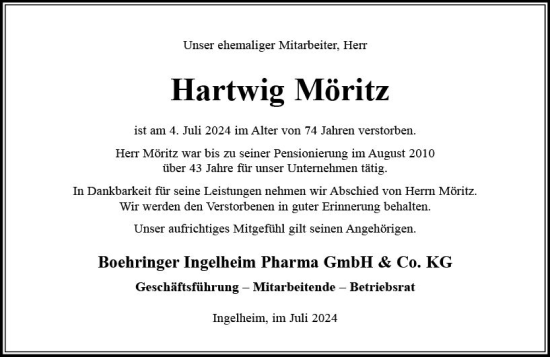 Traueranzeige von Hartwig Möritz von Allgemeine Zeitung Rheinhessen-Nahe