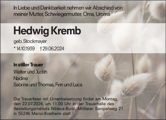Traueranzeige von Hedwig Kremb von Allgemeine Zeitung Mainz