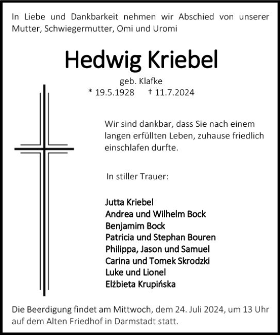 Traueranzeige von Hedwig Kriebel von Darmstädter Echo