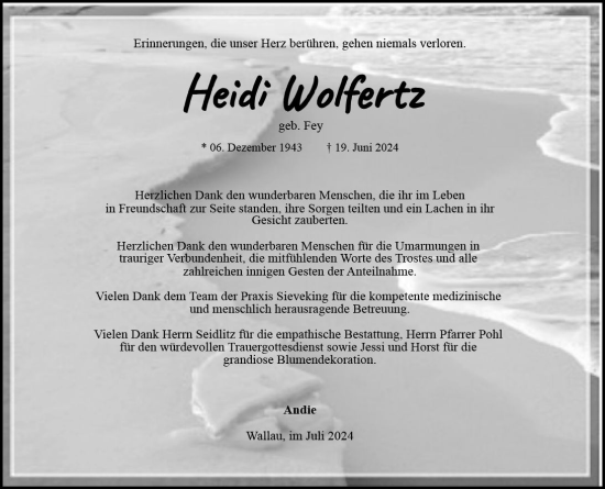 Traueranzeige von Heidi Wolfertz von Hinterländer Anzeiger