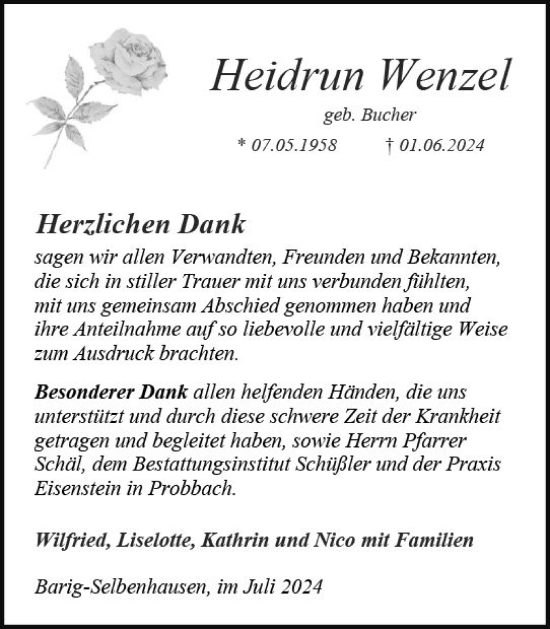 Traueranzeige von Heidrun Wenzel von Weilburger Tageblatt
