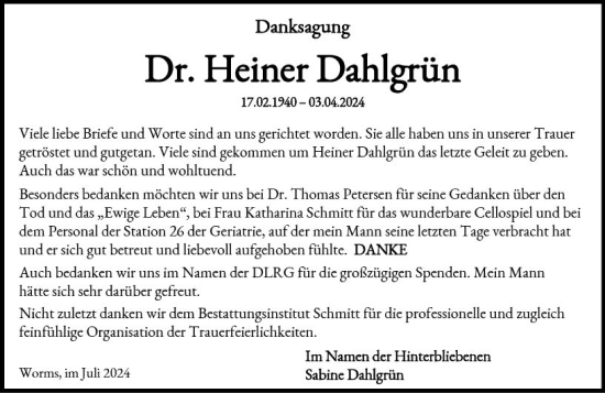 Traueranzeige von Heiner Dahlgrün von Wormser Zeitung