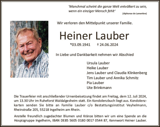 Traueranzeige von Heiner Lauber von Allgemeine Zeitung Rheinhessen-Nahe