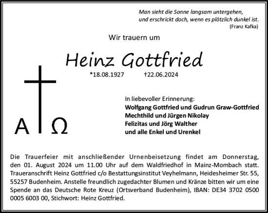 Traueranzeige von Heinz Gottfried von Allgemeine Zeitung Mainz