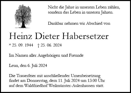 Traueranzeige von Heinz  Habersetzer von Wetzlarer Neue Zeitung