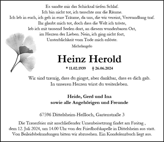 Traueranzeige von Heinz Herold von Wormser Zeitung