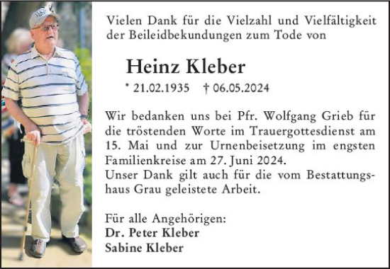 Traueranzeige von Heinz Kleber von Wetzlarer Neue Zeitung