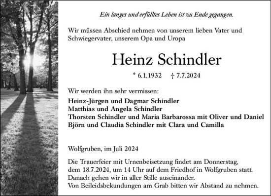 Traueranzeige von Heinz Schindler von Hinterländer Anzeiger