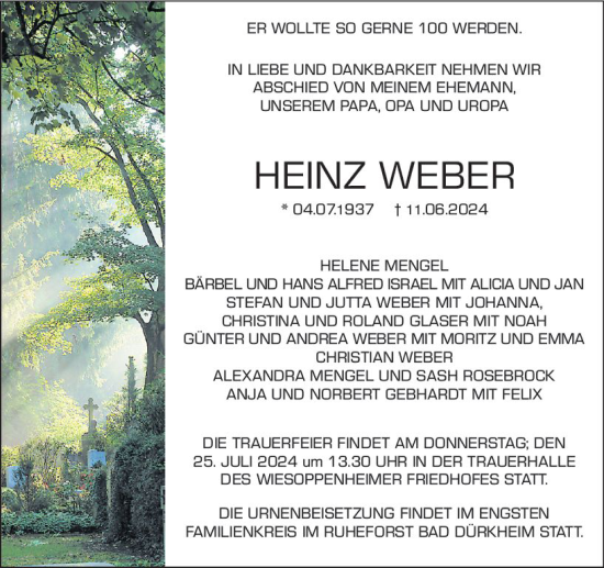 Traueranzeige von Heinz Weber von Wormser Zeitung