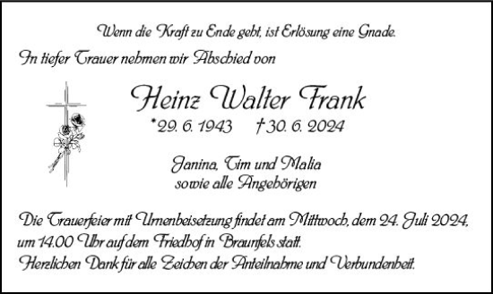 Traueranzeige von Heinz Walter Frank von Wetzlarer Neue Zeitung