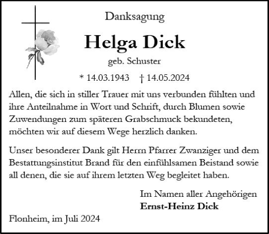 Traueranzeige von Helga Dick von Allgemeine Zeitung Alzey