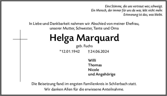 Traueranzeige von Helga Marquard von Bergsträßer Anzeiger