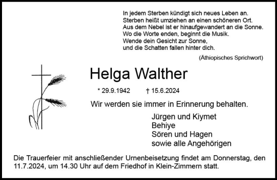Traueranzeige von Helga Walther von Darmstädter Echo
