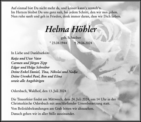 Traueranzeige von Helma Höhler von Weilburger Tageblatt