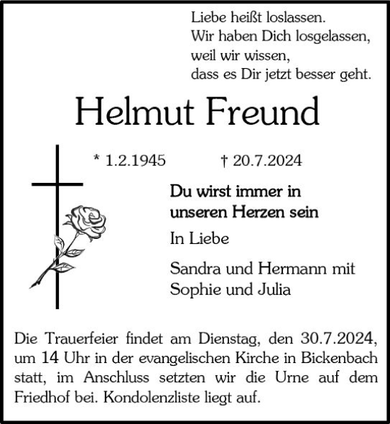 Traueranzeige von Helmut Freund von Darmstädter Echo