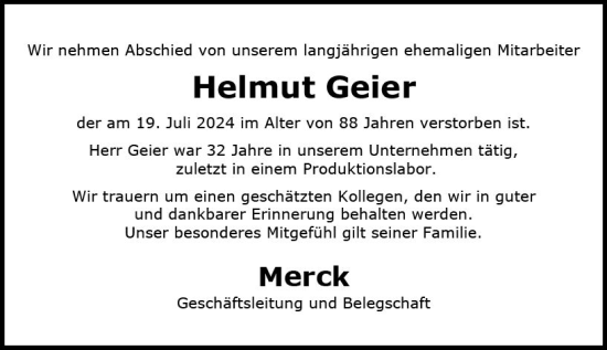 Traueranzeige von Helmut Geier von Darmstädter Echo