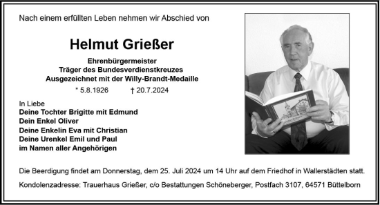 Traueranzeige von Helmut Grießer von Groß-Gerauer Echo
