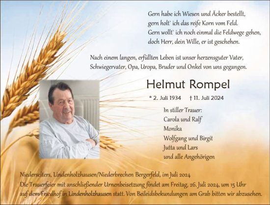 Traueranzeige von Helmut Rompel von Nassauische Neue Presse