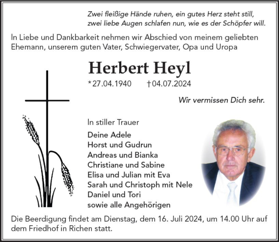 Traueranzeige von Herbert Heyl von Darmstädter Echo