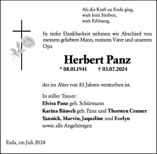 Traueranzeige von Herbert Panz von Wetzlarer Neue Zeitung