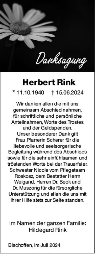 Traueranzeige von Herbert Rink von Hinterländer Anzeiger