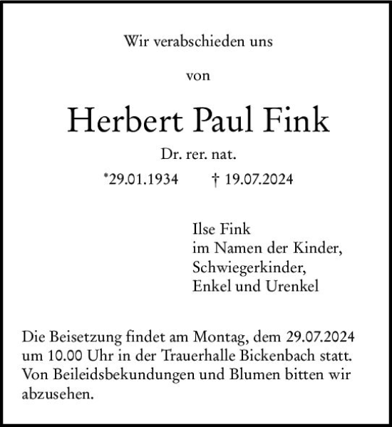 Traueranzeige von Herbert Paul Fink von Darmstädter Echo