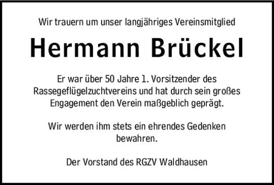 Traueranzeige von Hermann Brückel von Weilburger Tageblatt