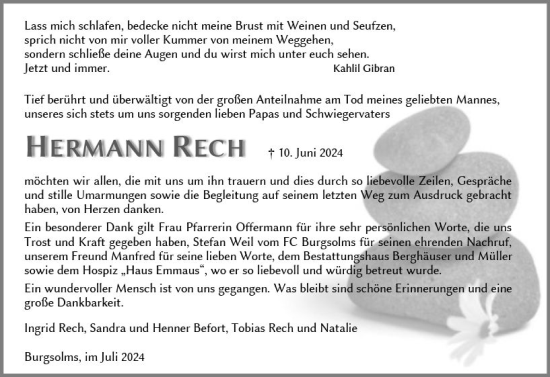 Traueranzeige von Hermann Rech von Wetzlarer Neue Zeitung