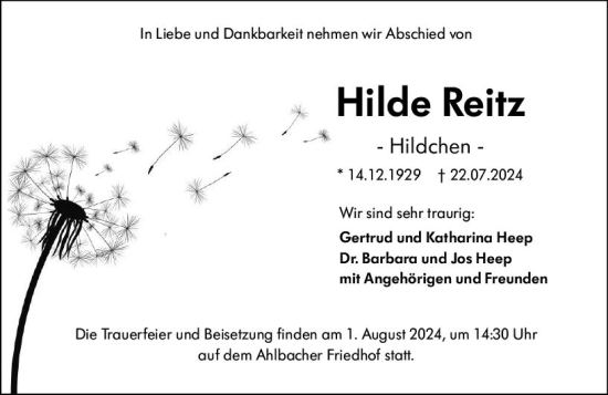 Traueranzeige von Hilde Reitz von Nassauische Neue Presse