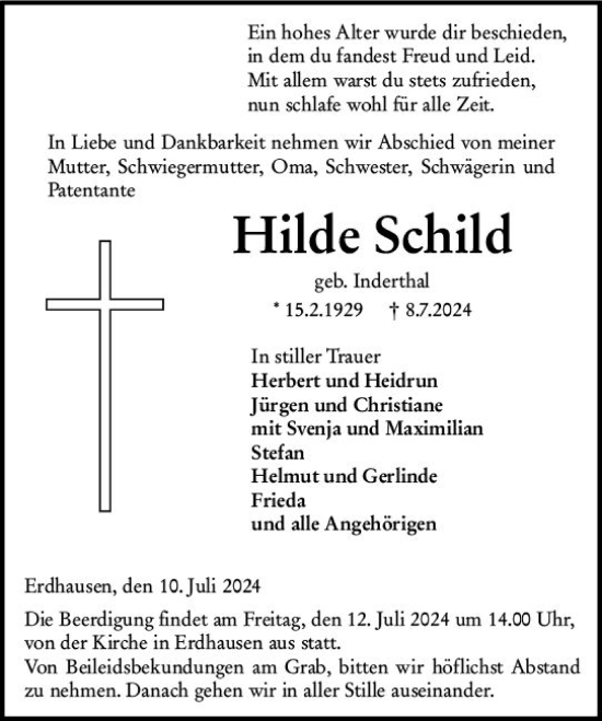 Traueranzeige von Hilde Schild von Hinterländer Anzeiger