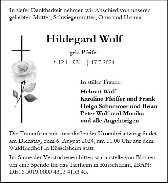 Traueranzeige von Hildegard Wolf von Rüsselsheimer Echo